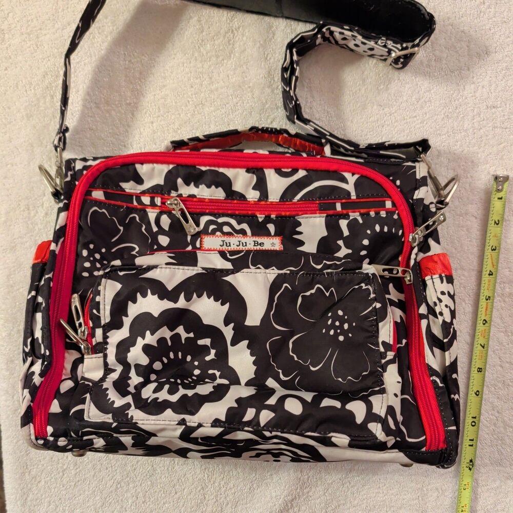 Ju-Ju-Be Floral Diaper Bag Backpack Black/White with Red Lining,